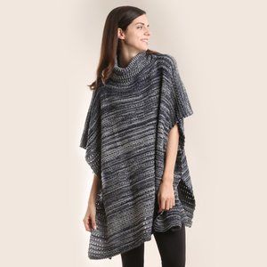 LOF Eyelet Turtle Neck Two Tone Knit Poncho